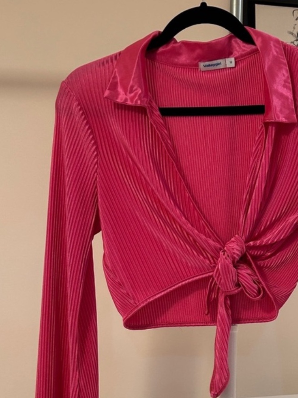 Hot Pink Ribbed Front Tie Long Sleeve Valley Girl Australian Brand Top, Barbie